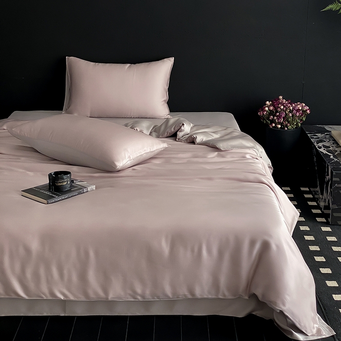 91家纺网 家纺一手货源 找家纺 禾时  2025新款奥地利进口兰精天丝莱赛尔四件套纯色双拼三件套 夜影凝香-霜华银