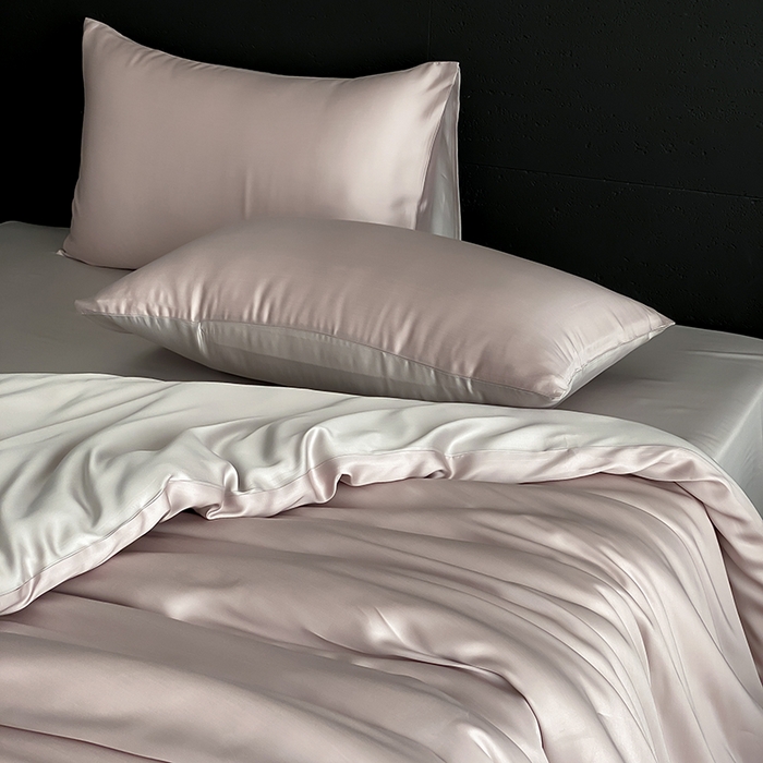 91家纺网 家纺一手货源 找家纺 禾时  2025新款奥地利进口兰精天丝莱赛尔四件套纯色双拼三件套 夜影凝香-霜华银