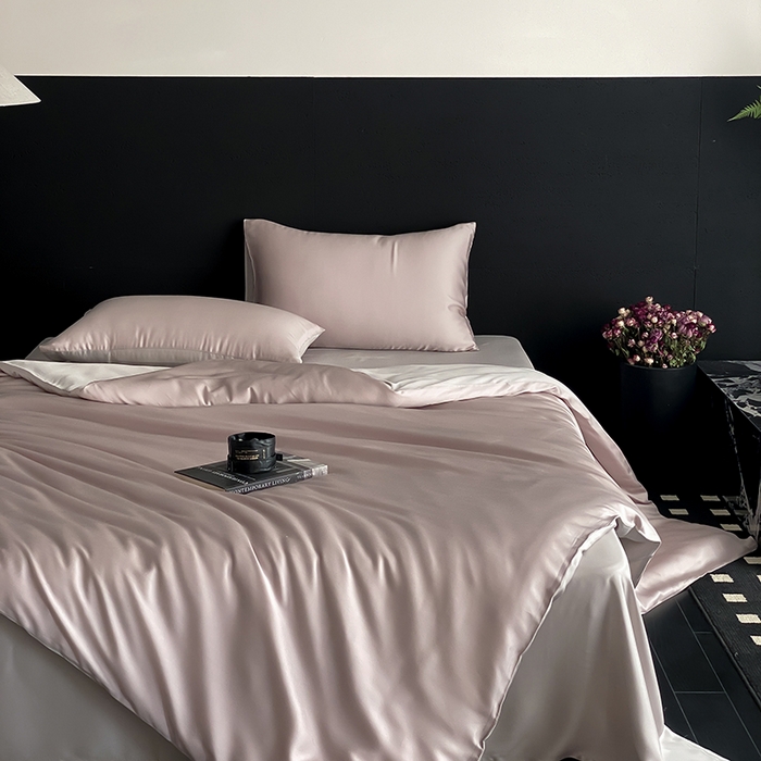 91家纺网 家纺一手货源 找家纺 禾时  2025新款奥地利进口兰精天丝莱赛尔四件套纯色双拼三件套 夜影凝香-霜华银