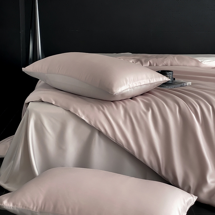 91家纺网 家纺一手货源 找家纺 禾时  2025新款奥地利进口兰精天丝莱赛尔四件套纯色双拼三件套 夜影凝香-霜华银