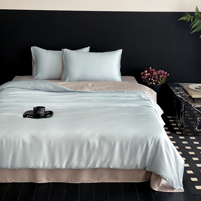 91家纺网 家纺一手货源 找家纺 禾时  2025新款奥地利进口兰精天丝莱赛尔四件套纯色双拼三件套 映霜蓝-霜华银