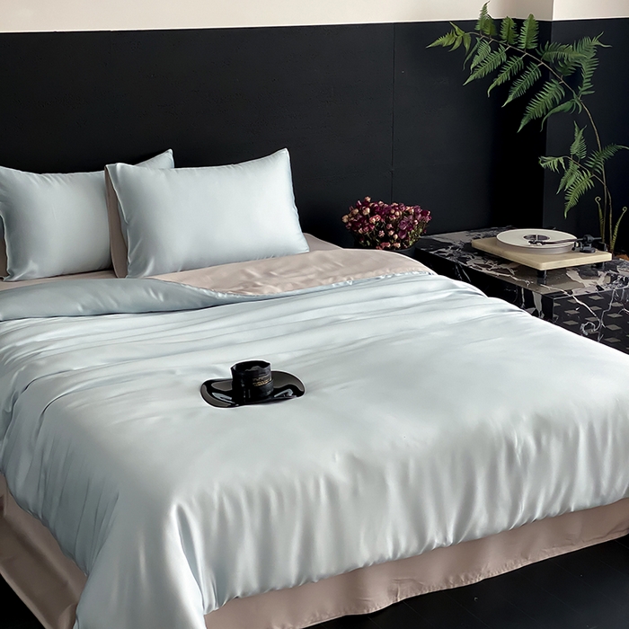 91家纺网 家纺一手货源 找家纺 禾时  2025新款奥地利进口兰精天丝莱赛尔四件套纯色双拼三件套 映霜蓝-霜华银