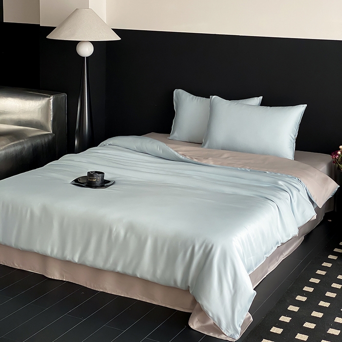 91家纺网 家纺一手货源 找家纺 禾时  2025新款奥地利进口兰精天丝莱赛尔四件套纯色双拼三件套 映霜蓝-霜华银