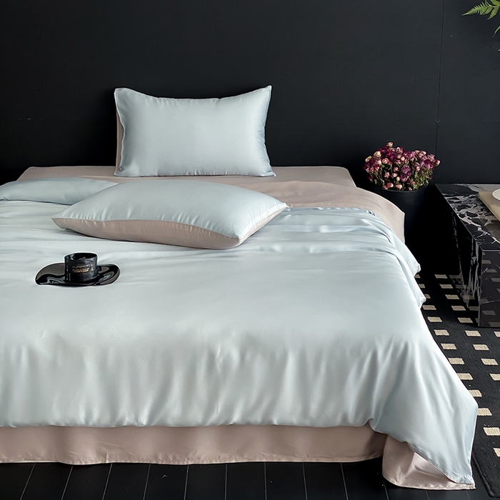 91家纺网 家纺一手货源 找家纺 禾时  2025新款奥地利进口兰精天丝莱赛尔四件套纯色双拼三件套 映霜蓝-霜华银