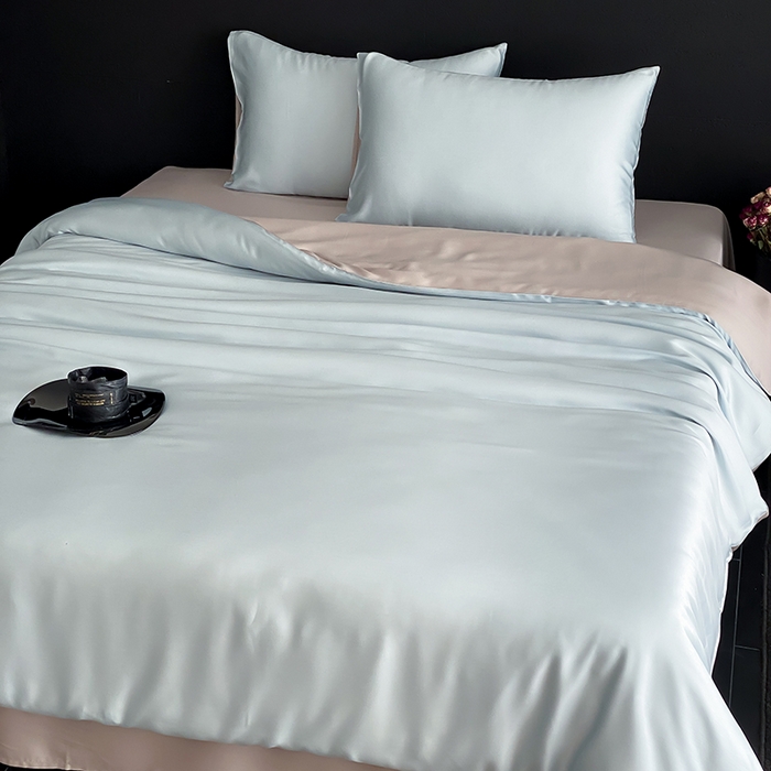 91家纺网 家纺一手货源 找家纺 禾时  2025新款奥地利进口兰精天丝莱赛尔四件套纯色双拼三件套 映霜蓝-霜华银