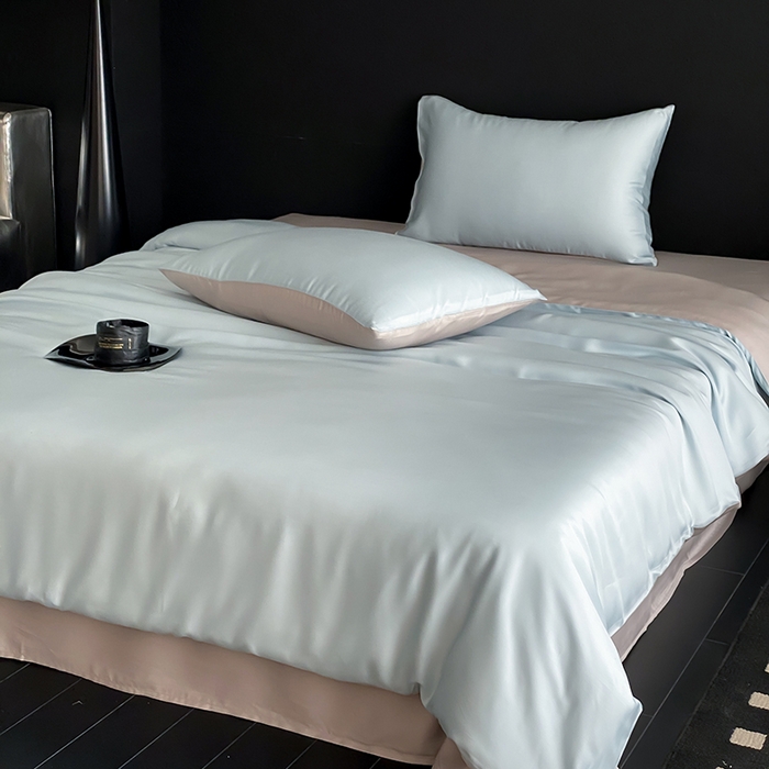 91家纺网 家纺一手货源 找家纺 禾时  2025新款奥地利进口兰精天丝莱赛尔四件套纯色双拼三件套 映霜蓝-霜华银