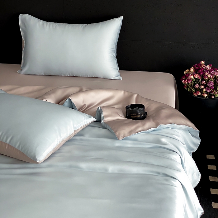 91家纺网 家纺一手货源 找家纺 禾时  2025新款奥地利进口兰精天丝莱赛尔四件套纯色双拼三件套 映霜蓝-霜华银