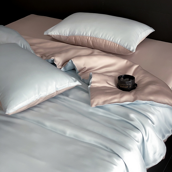 91家纺网 家纺一手货源 找家纺 禾时  2025新款奥地利进口兰精天丝莱赛尔四件套纯色双拼三件套 映霜蓝-霜华银