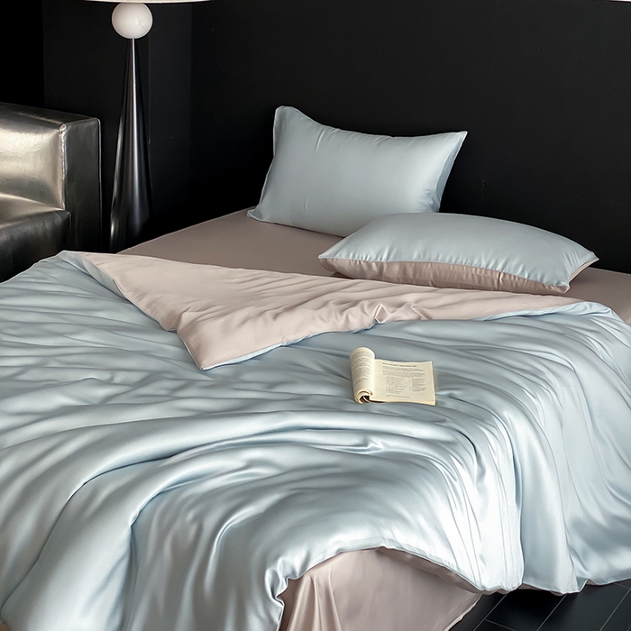 91家纺网 家纺一手货源 找家纺 禾时  2025新款奥地利进口兰精天丝莱赛尔四件套纯色双拼三件套 映霜蓝-霜华银