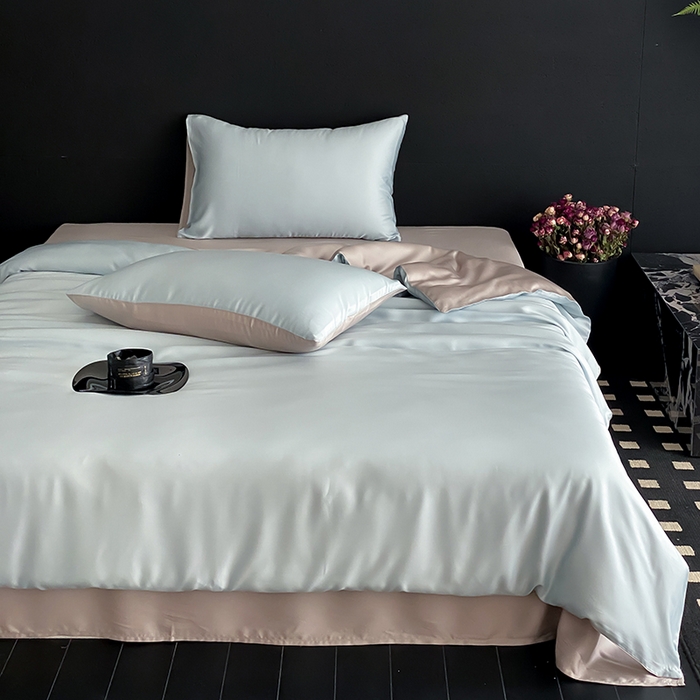 91家纺网 家纺一手货源 找家纺 禾时  2025新款奥地利进口兰精天丝莱赛尔四件套纯色双拼三件套 映霜蓝-霜华银