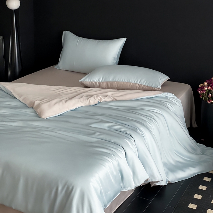 91家纺网 家纺一手货源 找家纺 禾时  2025新款奥地利进口兰精天丝莱赛尔四件套纯色双拼三件套 映霜蓝-霜华银