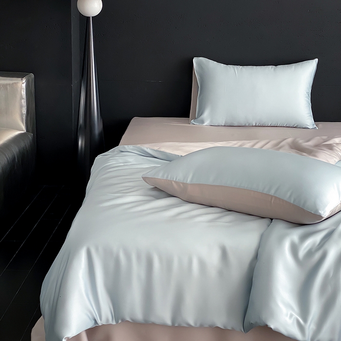 91家纺网 家纺一手货源 找家纺 禾时  2025新款奥地利进口兰精天丝莱赛尔四件套纯色双拼三件套 映霜蓝-霜华银