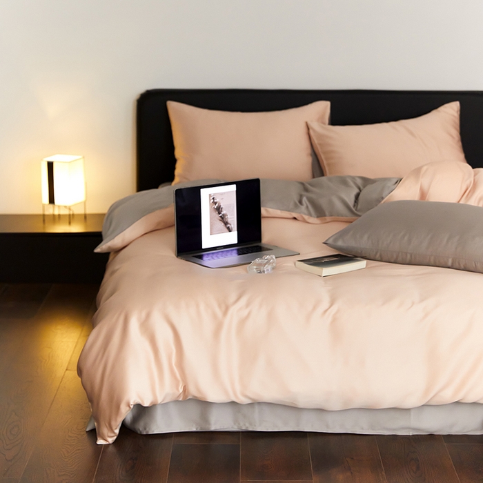 91家纺网 家纺一手货源 找家纺 禾时  2025新款奥地利进口兰精天丝莱赛尔四件套纯色双拼三件套 月光色-岩石灰