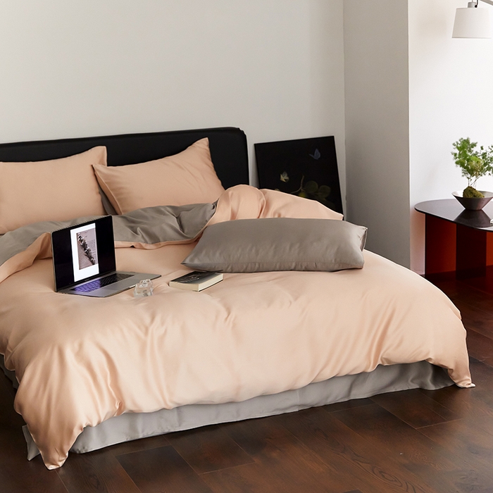 91家纺网 家纺一手货源 找家纺 禾时  2025新款奥地利进口兰精天丝莱赛尔四件套纯色双拼三件套 月光色-岩石灰