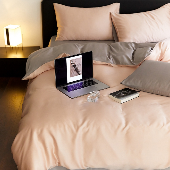 91家纺网 家纺一手货源 找家纺 禾时  2025新款奥地利进口兰精天丝莱赛尔四件套纯色双拼三件套 月光色-岩石灰