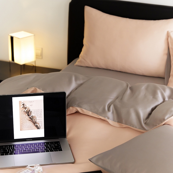 91家纺网 家纺一手货源 找家纺 禾时  2025新款奥地利进口兰精天丝莱赛尔四件套纯色双拼三件套 月光色-岩石灰