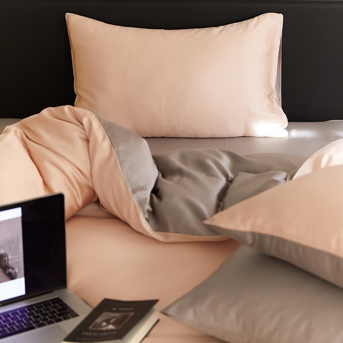 91家纺网 家纺一手货源 找家纺 禾时  2025新款奥地利进口兰精天丝莱赛尔四件套纯色双拼三件套 月光色-岩石灰