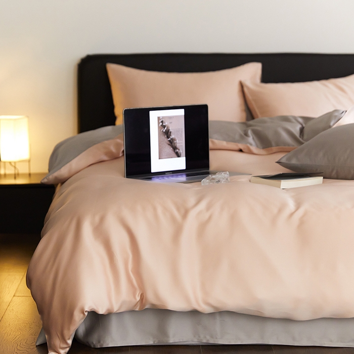 91家纺网 家纺一手货源 找家纺 禾时  2025新款奥地利进口兰精天丝莱赛尔四件套纯色双拼三件套 月光色-岩石灰