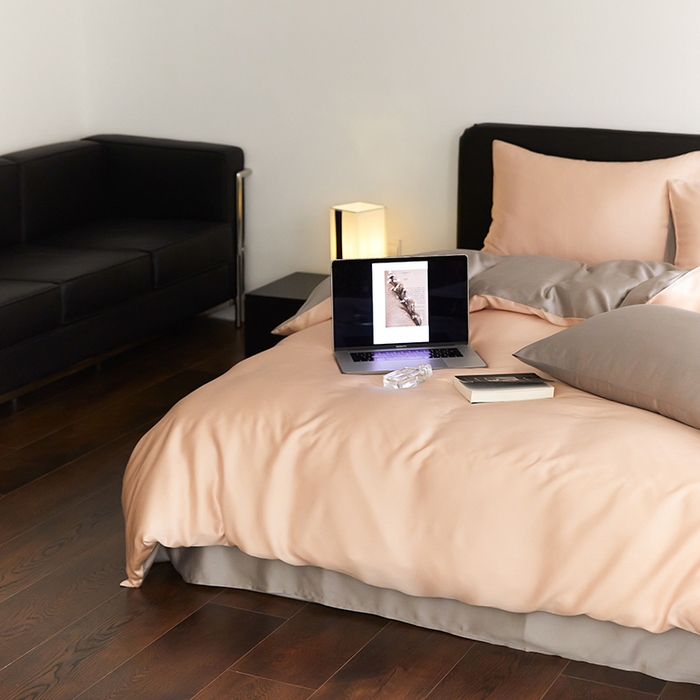 91家纺网 家纺一手货源 找家纺 禾时  2025新款奥地利进口兰精天丝莱赛尔四件套纯色双拼三件套 月光色-岩石灰