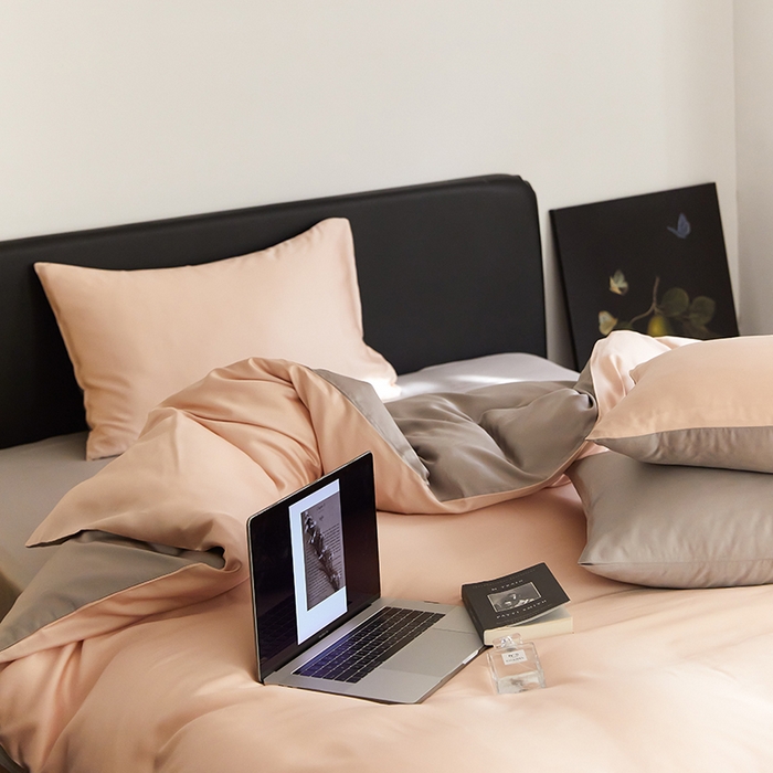 91家纺网 家纺一手货源 找家纺 禾时  2025新款奥地利进口兰精天丝莱赛尔四件套纯色双拼三件套 月光色-岩石灰