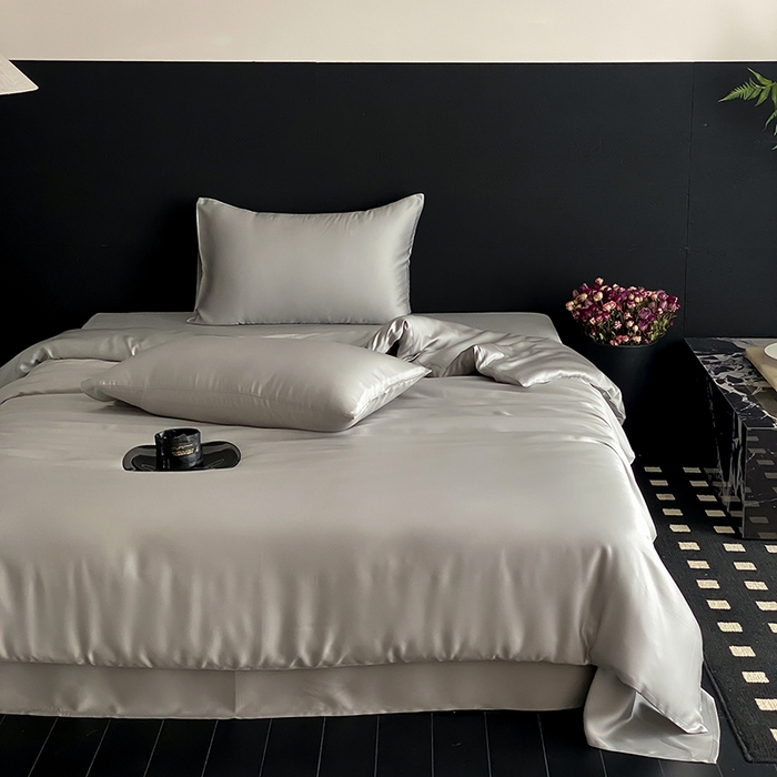 91家纺网 家纺一手货源 找家纺 禾时  2025新款奥地利进口兰精天丝莱赛尔四件套纯色双拼三件套 云纱灰