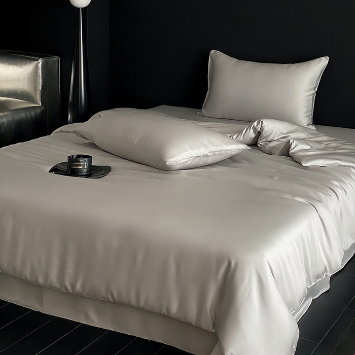 91家纺网 家纺一手货源 找家纺 禾时  2025新款奥地利进口兰精天丝莱赛尔四件套纯色双拼三件套 云纱灰