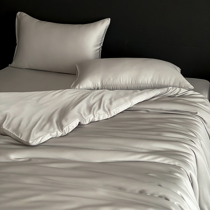 91家纺网 家纺一手货源 找家纺 禾时  2025新款奥地利进口兰精天丝莱赛尔四件套纯色双拼三件套 云纱灰