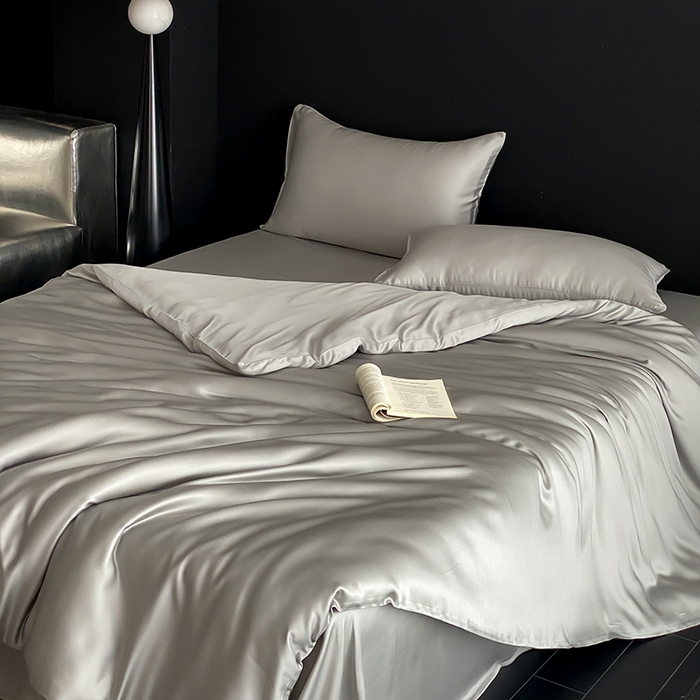 91家纺网 家纺一手货源 找家纺 禾时  2025新款奥地利进口兰精天丝莱赛尔四件套纯色双拼三件套 云纱灰