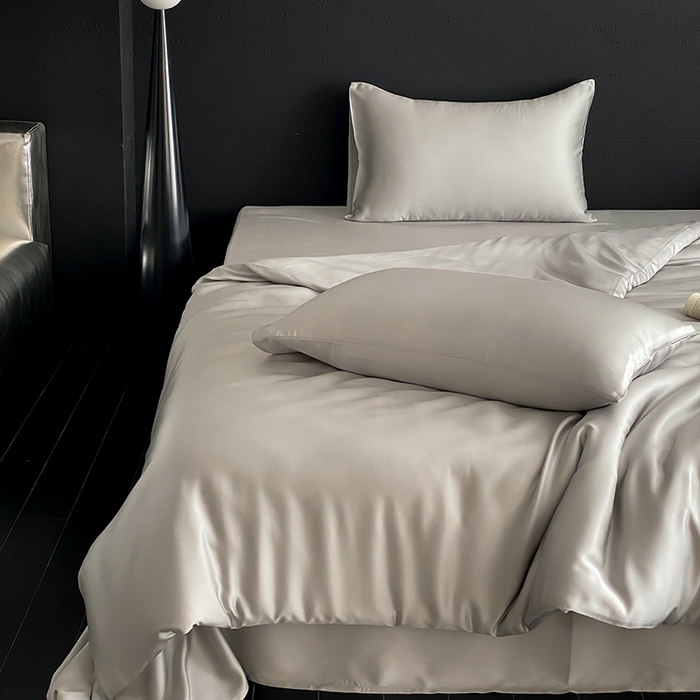 91家纺网 家纺一手货源 找家纺 禾时  2025新款奥地利进口兰精天丝莱赛尔四件套纯色双拼三件套 云纱灰