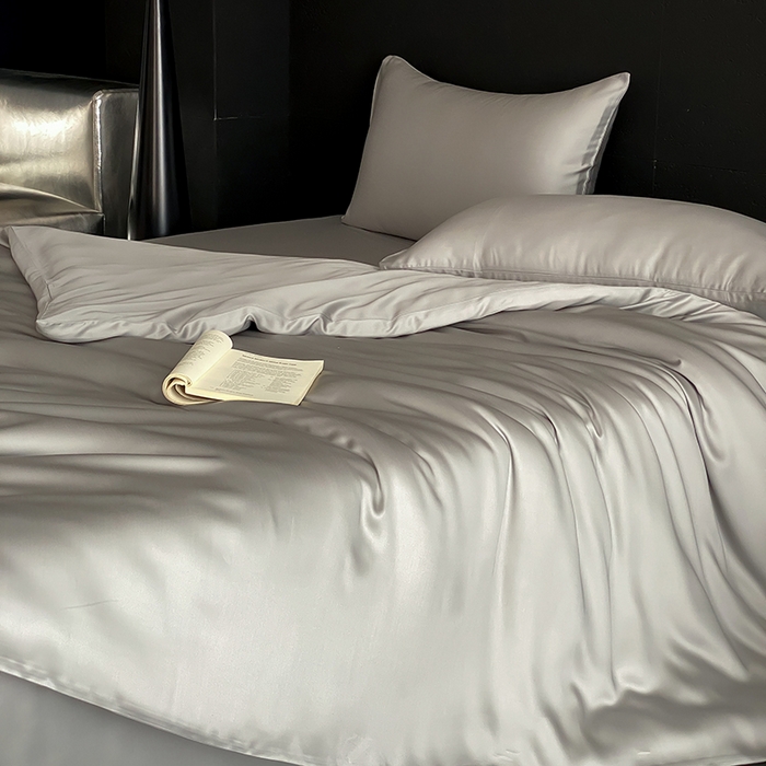 91家纺网 家纺一手货源 找家纺 禾时  2025新款奥地利进口兰精天丝莱赛尔四件套纯色双拼三件套 云纱灰