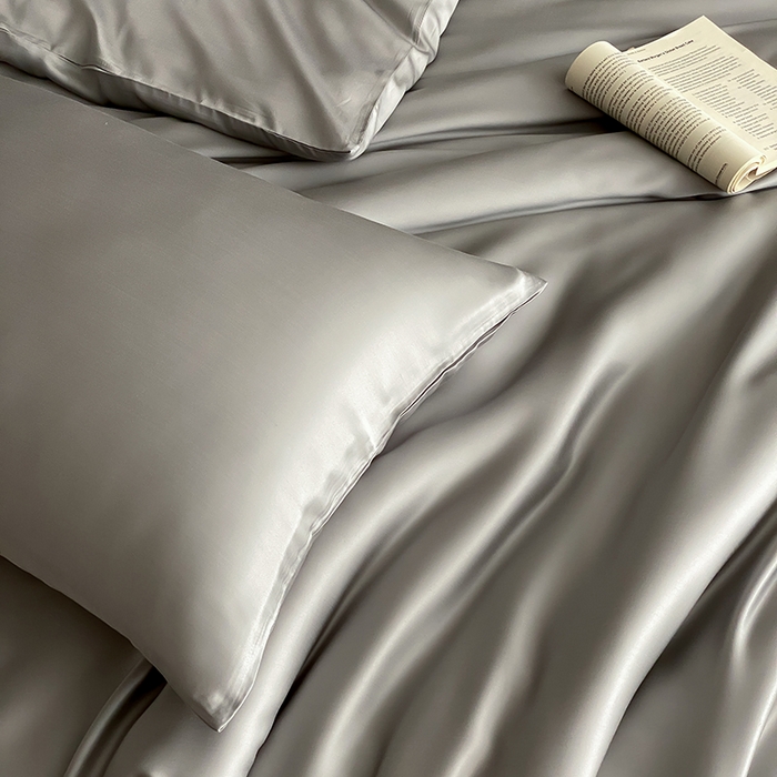 91家纺网 家纺一手货源 找家纺 禾时  2025新款奥地利进口兰精天丝莱赛尔四件套纯色双拼三件套 云纱灰