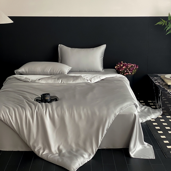 91家纺网 家纺一手货源 找家纺 禾时  2025新款奥地利进口兰精天丝莱赛尔四件套纯色双拼三件套 云纱灰