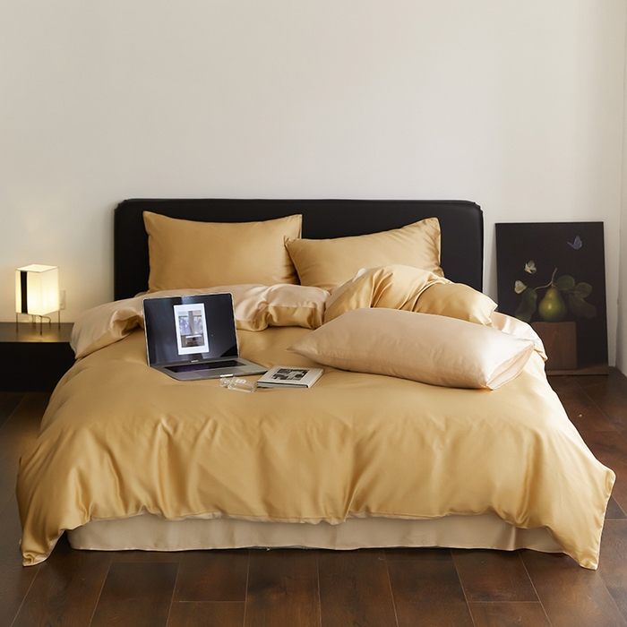 禾时  2025新款奥地利进口兰精天丝莱赛尔四件套纯色双拼三件套 芝士黄-沙茶色