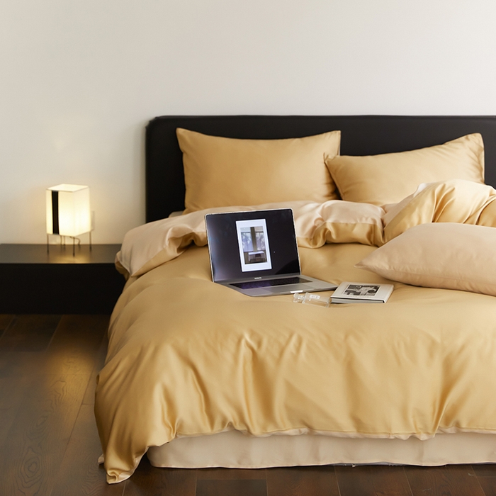 91家纺网 家纺一手货源 找家纺 禾时  2025新款奥地利进口兰精天丝莱赛尔四件套纯色双拼三件套 芝士黄-沙茶色