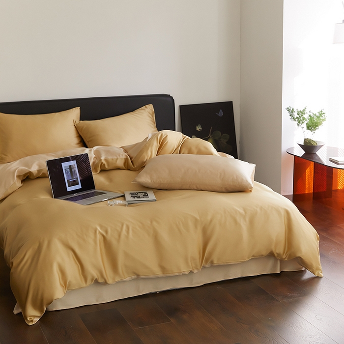 91家纺网 家纺一手货源 找家纺 禾时  2025新款奥地利进口兰精天丝莱赛尔四件套纯色双拼三件套 芝士黄-沙茶色