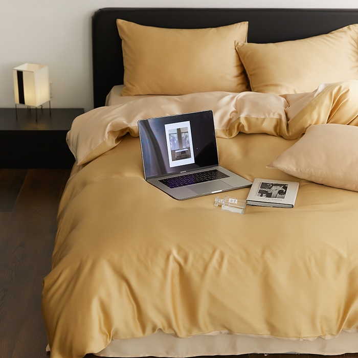 91家纺网 家纺一手货源 找家纺 禾时  2025新款奥地利进口兰精天丝莱赛尔四件套纯色双拼三件套 芝士黄-沙茶色