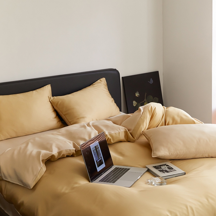 91家纺网 家纺一手货源 找家纺 禾时  2025新款奥地利进口兰精天丝莱赛尔四件套纯色双拼三件套 芝士黄-沙茶色