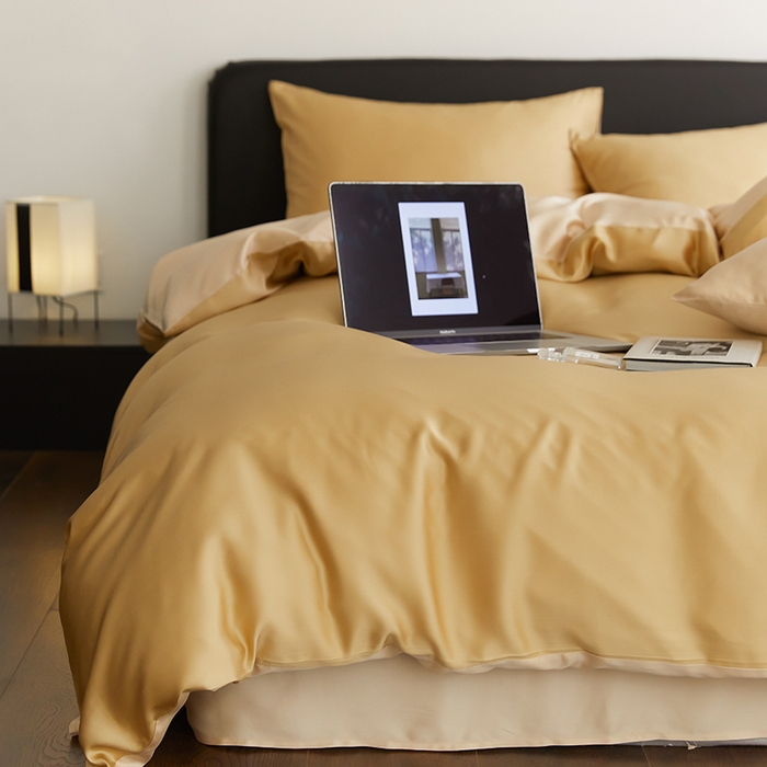 91家纺网 家纺一手货源 找家纺 禾时  2025新款奥地利进口兰精天丝莱赛尔四件套纯色双拼三件套 芝士黄-沙茶色