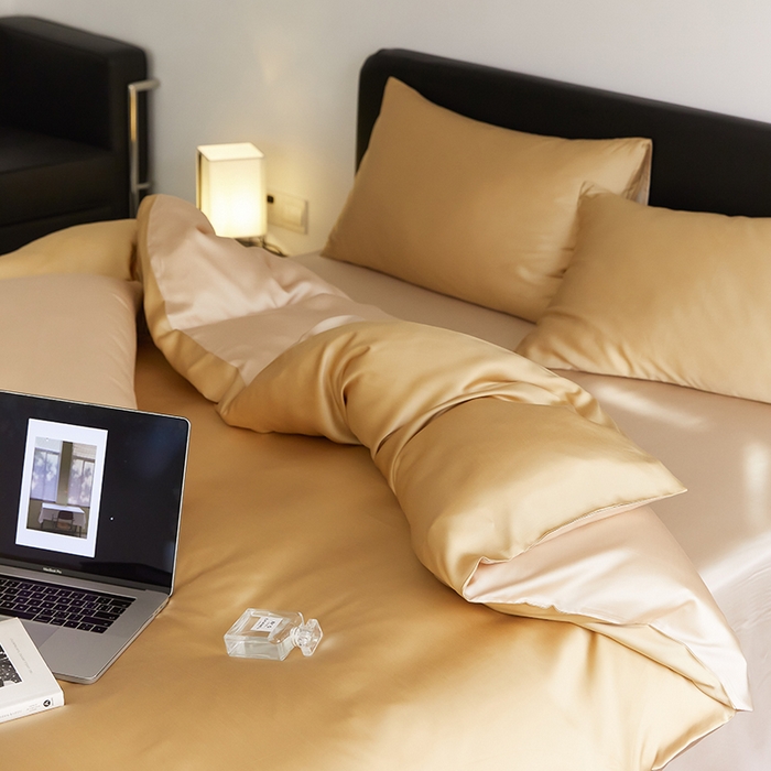 91家纺网 家纺一手货源 找家纺 禾时  2025新款奥地利进口兰精天丝莱赛尔四件套纯色双拼三件套 芝士黄-沙茶色