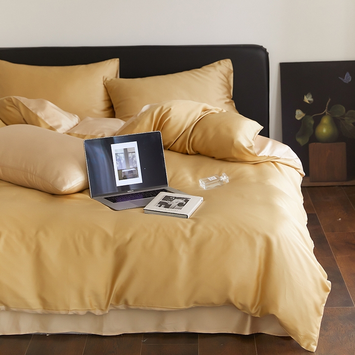 91家纺网 家纺一手货源 找家纺 禾时  2025新款奥地利进口兰精天丝莱赛尔四件套纯色双拼三件套 芝士黄-沙茶色