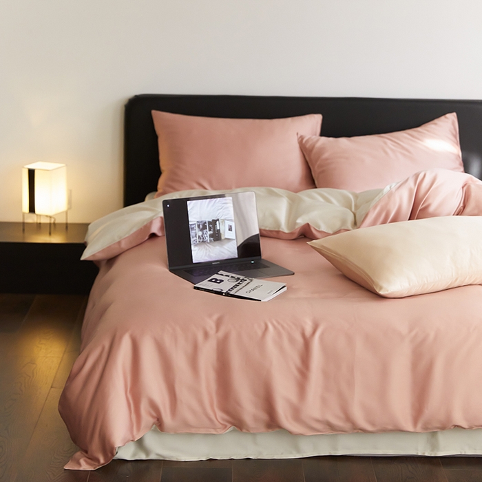 91家纺网 家纺一手货源 找家纺 禾时  2025新款奥地利进口兰精天丝莱赛尔四件套纯色双拼三件套 芝芝桃桃-极地白