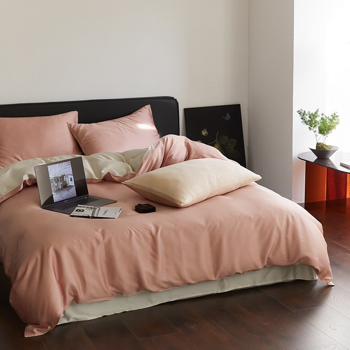 91家纺网 家纺一手货源 找家纺 禾时  2025新款奥地利进口兰精天丝莱赛尔四件套纯色双拼三件套 芝芝桃桃-极地白