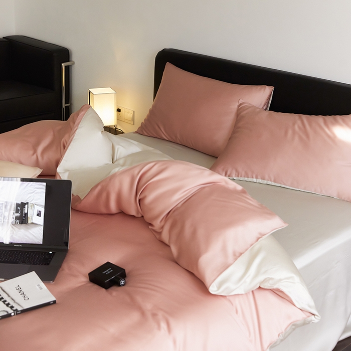 91家纺网 家纺一手货源 找家纺 禾时  2025新款奥地利进口兰精天丝莱赛尔四件套纯色双拼三件套 芝芝桃桃-极地白