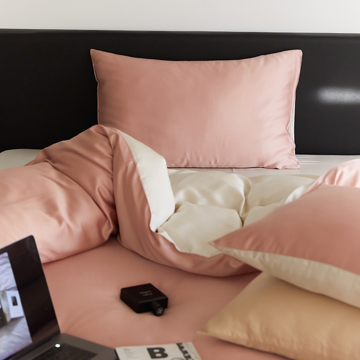 91家纺网 家纺一手货源 找家纺 禾时  2025新款奥地利进口兰精天丝莱赛尔四件套纯色双拼三件套 芝芝桃桃-极地白