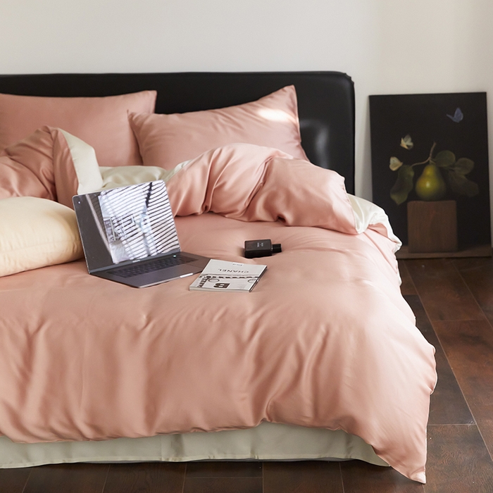 91家纺网 家纺一手货源 找家纺 禾时  2025新款奥地利进口兰精天丝莱赛尔四件套纯色双拼三件套 芝芝桃桃-极地白