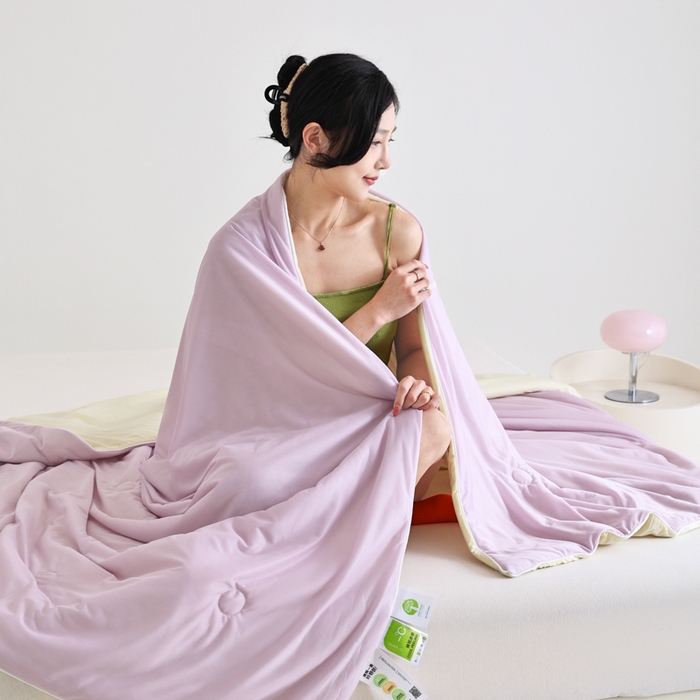 91家纺网 家纺一手货源 找家纺 金帛坊 2025新款凉感丝氨纶夏被夏凉被空调被 紫拼米黄