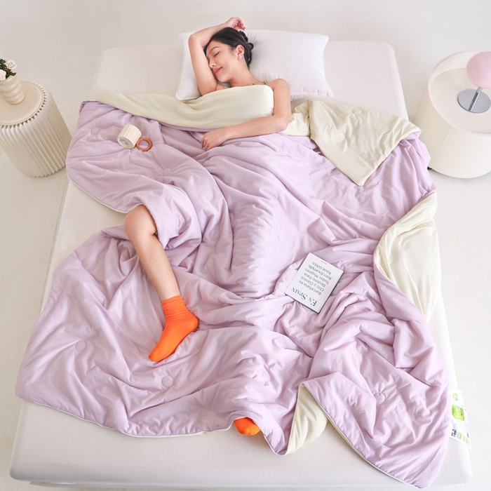 91家纺网 家纺一手货源 找家纺 金帛坊 2025新款凉感丝氨纶夏被夏凉被空调被 紫拼米黄