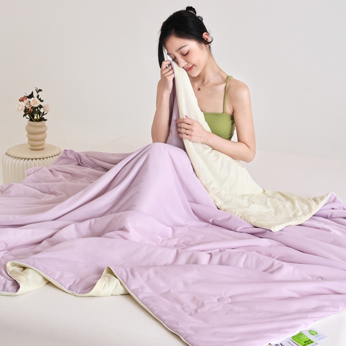 91家纺网 家纺一手货源 找家纺 金帛坊 2025新款凉感丝氨纶夏被夏凉被空调被 紫拼米黄