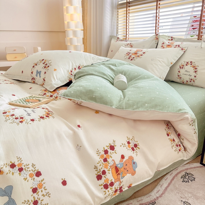 91家纺网 家纺一手货源 找家纺  （提供买家秀 爆款花型 不断货）2025新款单被套全棉印花单被套小清新简约系列单被套 花园熊