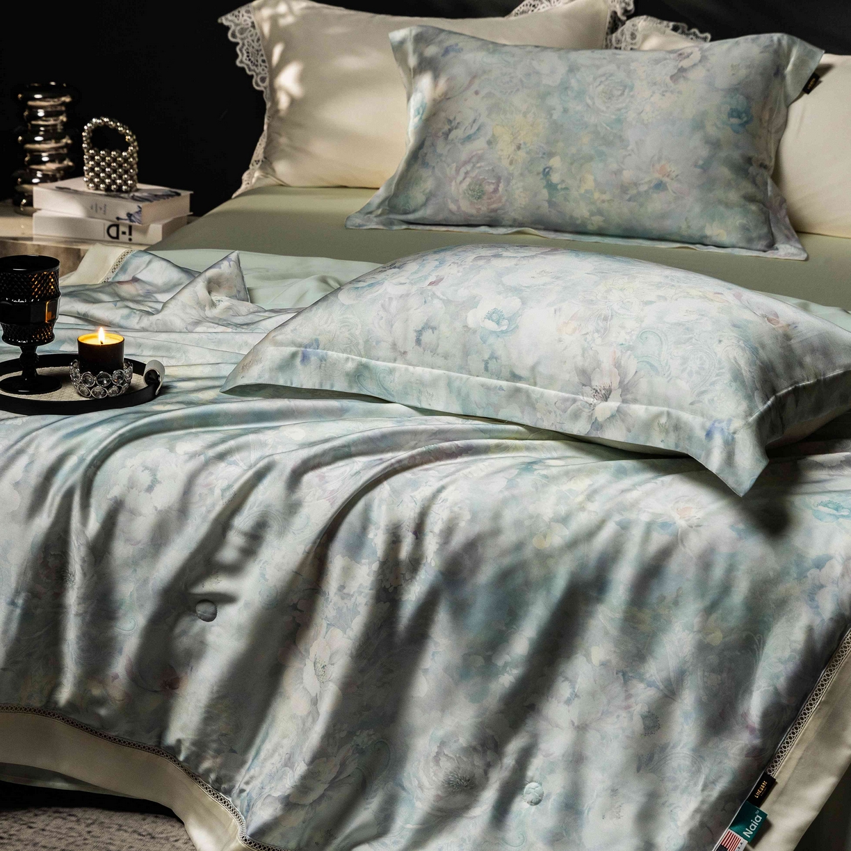 91家纺网 家纺一手货源 找家纺 丽笙被芯 2025新款A类兰精天丝印花naia镂空夏被夏凉被空调被 秘密花园-蓝